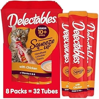 Delectables Squeeze Up Creamy Squeezable Puree, Lickable Wet Cat Treats, Grain Free, No Added Fillers, No By-Products, No Added Preservatives, 0.5 Ounces Senior Chicken, 32 Tubes Total