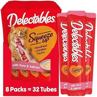 Delectables Squeeze Up Creamy Squeezable Puree, Lickable Wet Cat Treats, Grain Free, No Added Fillers, No By-Products, No Added Preservatives, 0.5 Ounces Tuna & Salmon, 32 Tubes Total