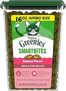 Greenies Cat Treats, Feline Smartbites, Skin & Fur Health, Crunchy and Soft Cat Treats, Salmon Flavor, 16 oz. Tub