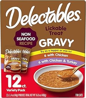 Delectables Lickable Treat Gravy Wet Cat Treat Variety Pack, Food Topper, Hydrating, Grain-Free, No Fillers, By-Products, Added Preservatives, 1.4oz Pouch, 12ct