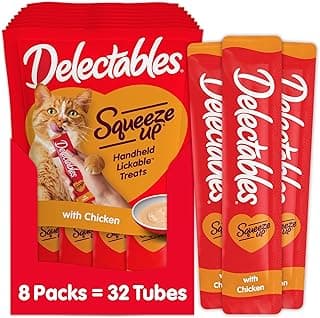 Delectables Squeeze Up Creamy Squeezable Puree, Lickable Wet Cat Treats, Grain Free, No Added Fillers, No By-Products, No Added Preservatives, 0.5 Ounces Tube Chicken Flavor, 32 Tubes Total