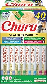 INABA Churu Cat Treats, Lickable, Squeezable Creamy Purée Cat Treat with Green Tea Extract & Taurine, 0.5 Ounces Each Tube, 40 Tubes, Tuna & Seafood Variety Box