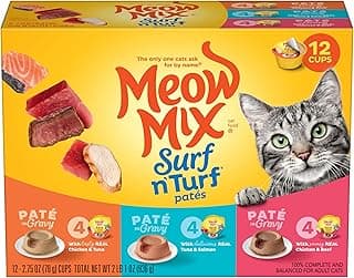 Meow Mix Paté in Gravy Wet Cat Food Variety Pack, Surf n’ Turf Patés 2.75 Ounce (Pack of 12)
