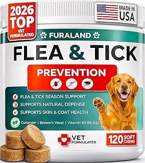 Flea and Tick Prevention for Dogs Chewables - Natural Dog Flea and Tick Treatment - Oral Control Pills - Vet Recommended Supplement - Skin & Coat Support Soft Chews - All Breeds & Sizes - Made in USA