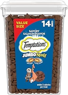 Temptations Jumbo Stuffed Cat Treats, Crunchy and Soft Cat Treats, Savory Salmon Flavor, 14 oz. Tub