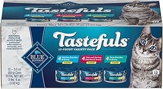Blue Buffalo Tastefuls Flaked Wet Cat Food Variety Pack, Made with Natural Ingredients, Tuna, Chicken, Fish & Shrimp, 3-oz Cans (12 Count, 4 of Each)