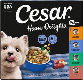 Cesar Home Delights Adult Wet Dog Food, Pot Roast with Spring Vegetables, Beef Stew, Turkey, Green Beans, & Potatoes, and Hearty Chicken & Noodle Dinner in Sauce Variety Pack, 3.5 oz. 24 Count