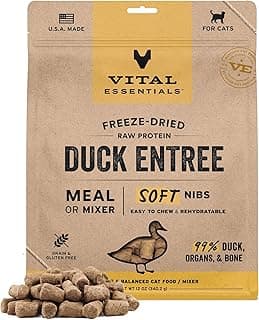 Vital Essentials Freeze Dried Cat Food, Raw Duck Soft Nibs | Complete Meal or Topper | 99% Duck, Organs & Bone | Limited Ingredient, High Protein, Grain Free Dry Cat Food | 12 oz Bag