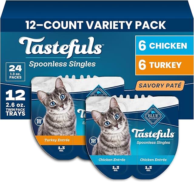 Blue Buffalo Tastefuls Paté Spoonless Single Wet Cat Food Variety Pack (Chicken & Turkey), Made with Natural Ingredients Enhanced with Minerals & Other Nutrients, 2.6-oz. Twin-Pack Trays (12 Count)
