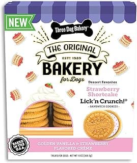 Three Dog Bakery Lick’n Crunch! Strawberry Shortcake Dog Treats, Crunchy Sandwich Cookies with Real Strawberries & Vanilla Cream Filling, 13 oz
