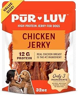 Pur Luv Chicken Jerky Dog Treats, Made with 100% Real Chicken Breast, 32 Ounces, Healthy, Easily Digestible, Long-Lasting, High Protein, Satisfies Dog's Urge to Chew