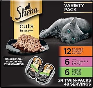 Sheba Perfect Portions Wet Cat Food Cuts in Gravy, Cat Food Wet Recipe, Roasted Chicken Entree, with Sustainable Salmon, Tender Turkey Entree, 2.6 oz. Twin-Pack Trays (24 Count, 48 Servings)