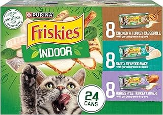Purina Friskies Indoor Cat Food 24ct VP - (Chicken and Turkey Casserole, Saucy Seafood Bake, Homestyle Turkey Dinner) - (Pack of 24) 5.5 oz. Cans