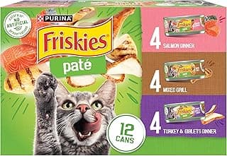 Purina Friskies Wet Cat Food Pate Variety Pack Salmon Dinner, Turkey and Giblets Dinner and Mixed Grill - (2 Packs of 12) 5.5 oz. Cans
