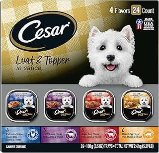 Cesar Loaf in Sauce Wet Dog Food Rotisserie Chicken, Filet Mignon, Angus Beef, and Ham & Egg Flavors Variety Pack, 3.5 oz. Easy Peel Trays (24 Count, Pack of 1)